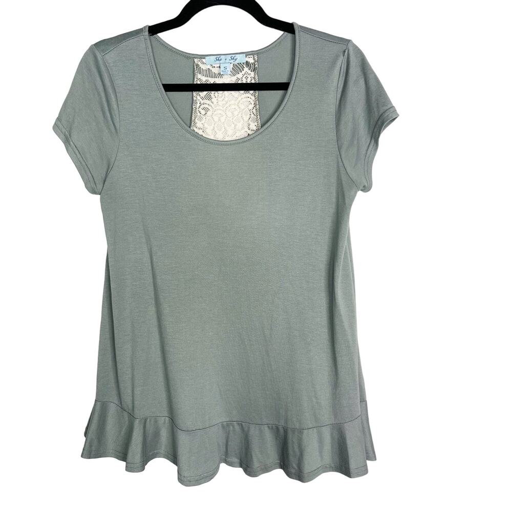 New She + Sky Green Small S Lace Open Back Ruffle Detail Short Sleeve Top Tee